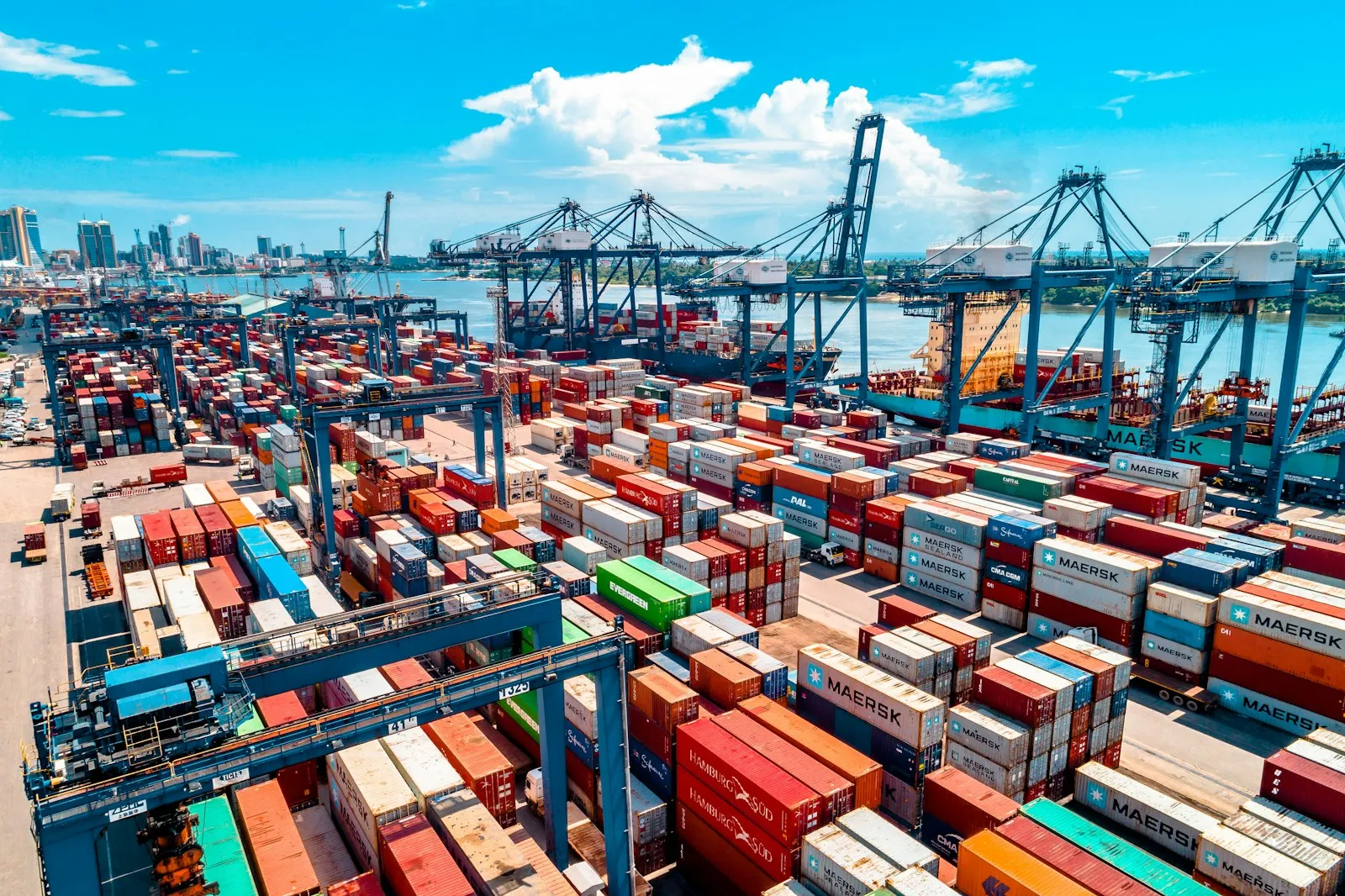 Shipping containers and cranes at a container terminal