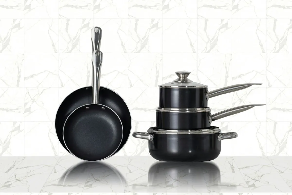 A set of non-stick pans and pots