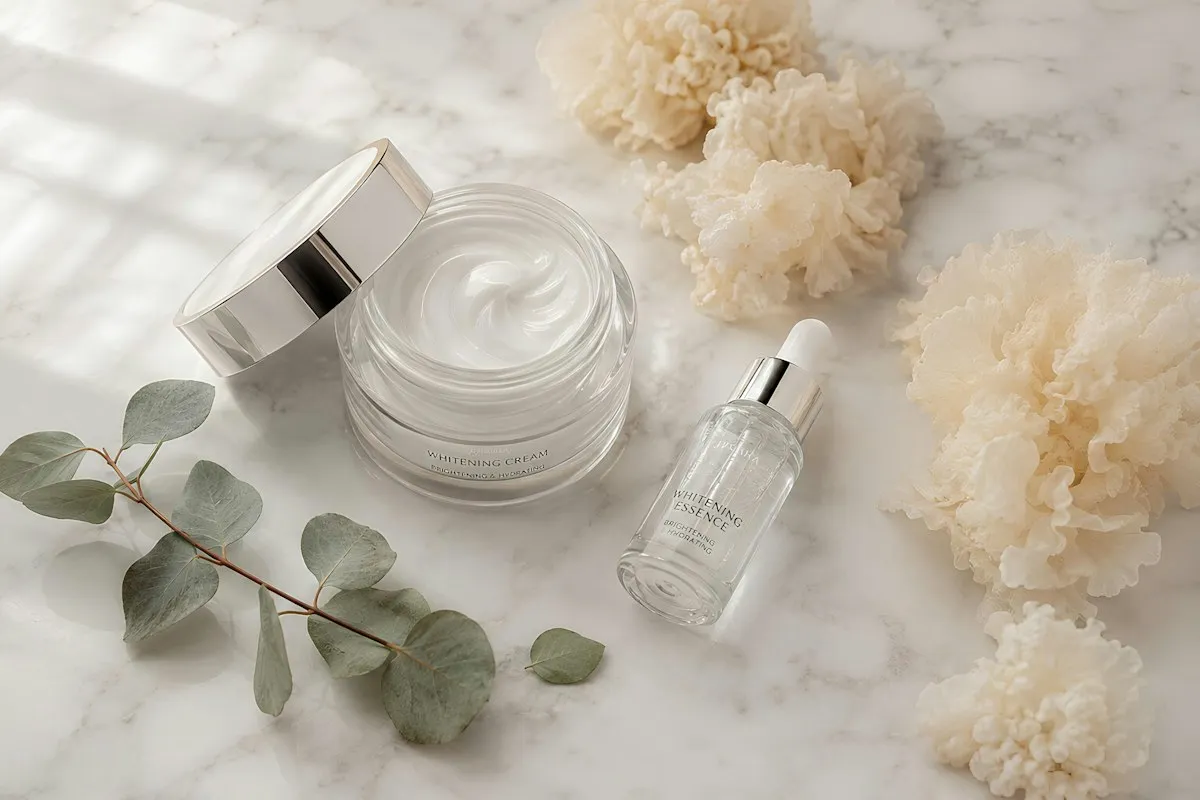 A jar of face cream beside a serum bottle